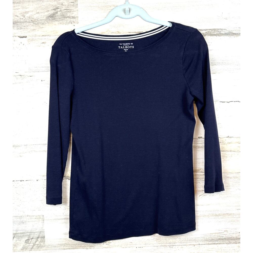 Talbots Tee Womens S Petite Navy Blue 3/4 Sleeve Pima Cotton Casual Summer Top